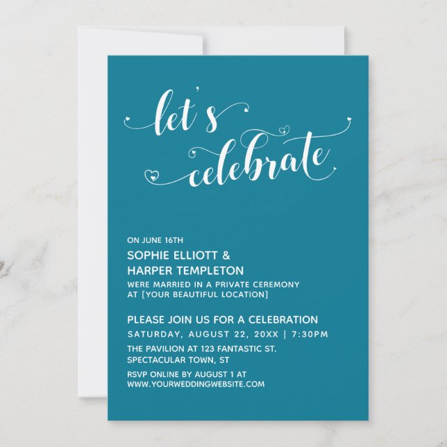 Let's Celebrate Hearts Script Teal Reception Invitation (Front)