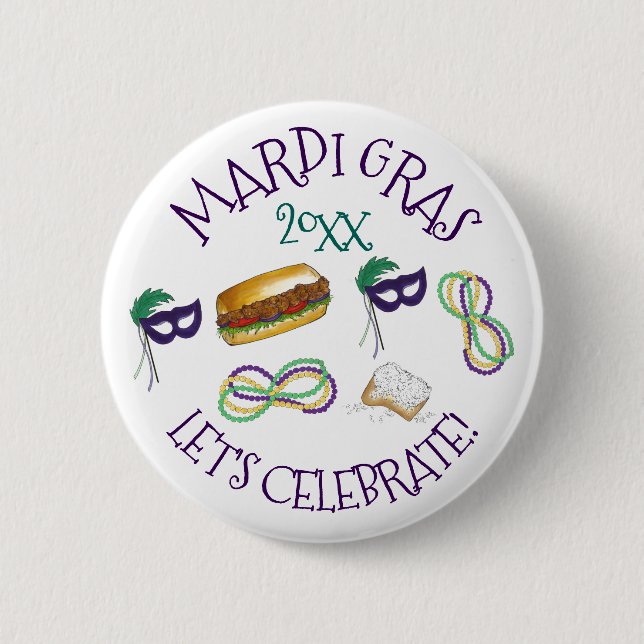 Let's Celebrate Mardi Gras Beignet Beads NOLA 2 Inch Round Button (Front)