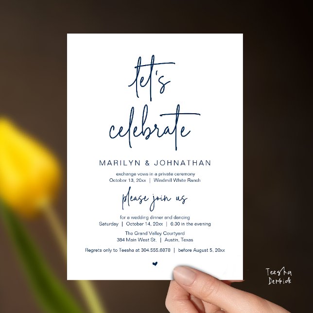 Let's Celebrate, Modern Minimal Wedding Reception Invitation (Let's Celebrate, Modern Minimal Wedding Reception dinner dancing Invitation card navy blue)