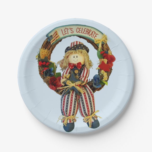 Let's Celebrate Patriotic Scarecrow Paper Plate (Front)