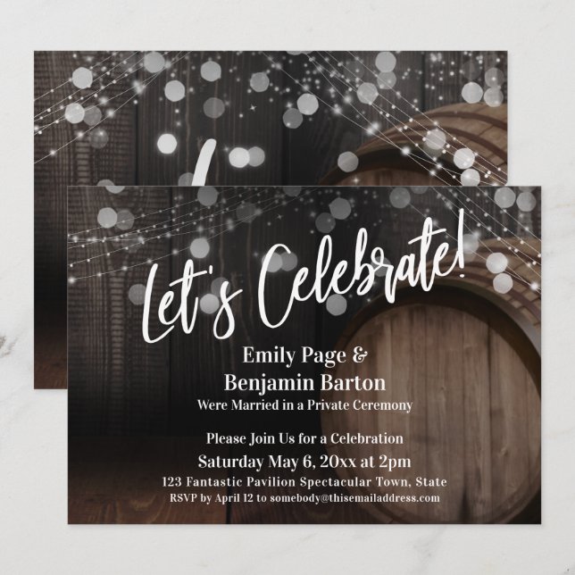 Let's Celebrate Rustic Wood Barrel and Lights Invitation (Front/Back)