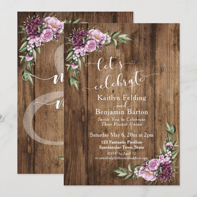 Let's Celebrate Rustic Wood & Floral Reception Invitation (Front/Back)