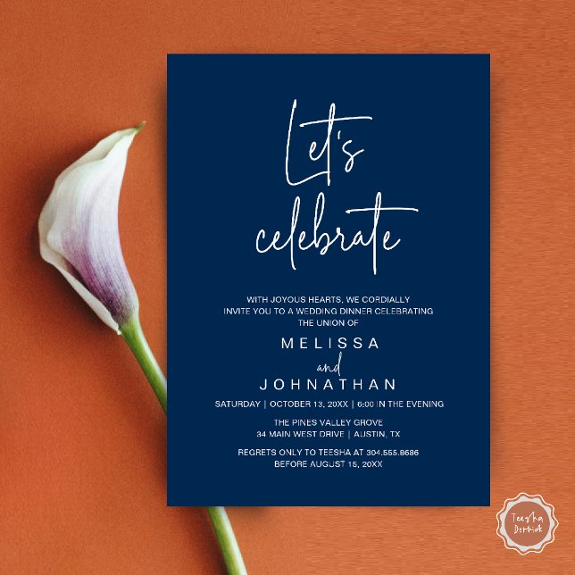Let's Celebrate, Wedding Elopement Reception Invitation (Let's Celebrate, Modern Minimal Wedding Elopement Reception Dinner Invites Card in Navy Blue)