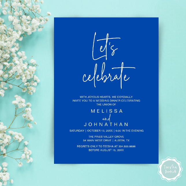 Let's Celebrate, Wedding Elopement Reception Invitation (Let's Celebrate, Modern Minimal Wedding Elopement Reception Dinner Invites Card in Cobalt Blue)