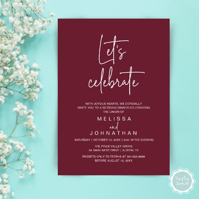 Let's Celebrate, Wedding Elopement Reception Invitation (Let's Celebrate, Modern Minimal Wedding Elopement Reception Dinner Invites Card in Wine Red)