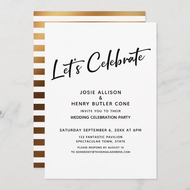 Let's Celebrate Wedding Reception + Gold Stripe Invitation (Front/Back)