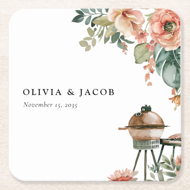 Let's Celebrate with BBQ Couples Shower Square Paper Coaster (Front)