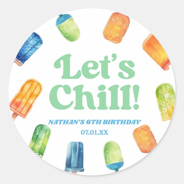 Let's Chill Blue Retro Popsicle Birthday Party Classic Round Sticker (Front)