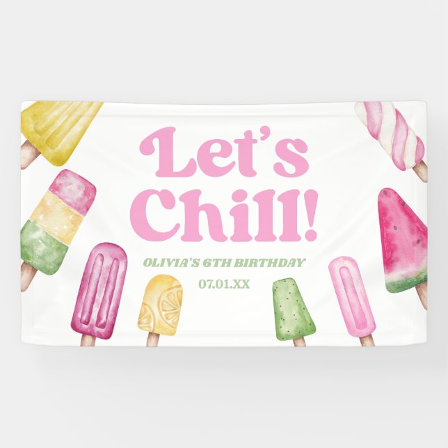 Let's Chill Pink Retro Popsicle Birthday Party Banner (Horizontal)