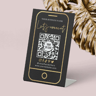Let's Connect QR Code Black & Gold Scannable Pedestal Sign