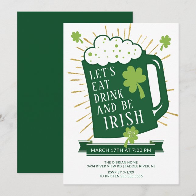 Let's Eat Drink Be Irish St Patrick's Party Invitation (Front/Back)