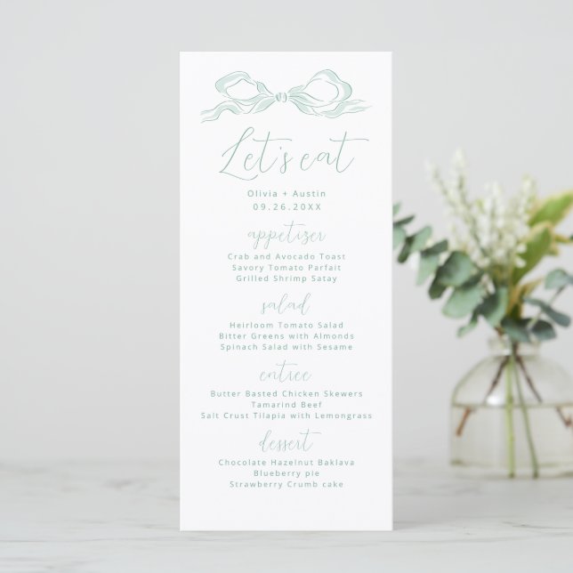 Let's Eat Light Green Hand Drawn Bow Wedding Menu (Standing Front)