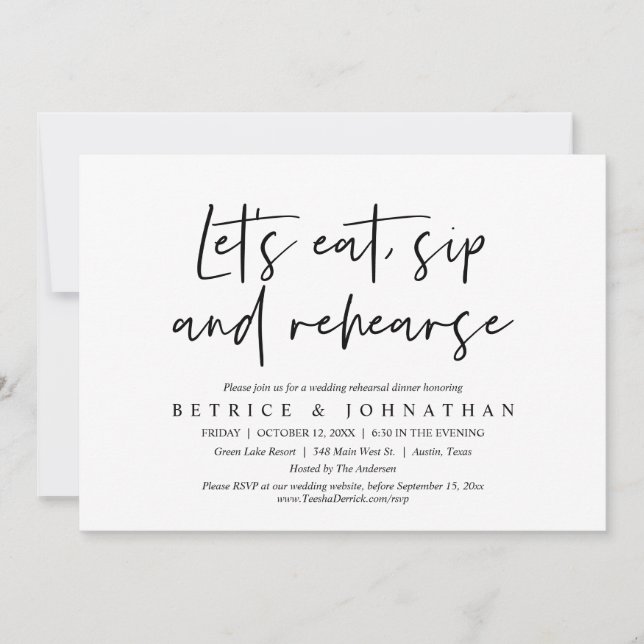 Let's Eat, Sip and Rehearse, Rehearsal Dinner Invitation (Front)