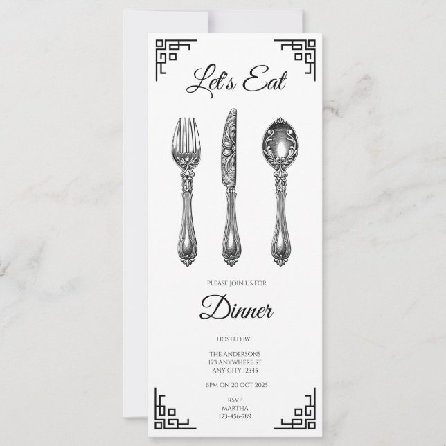 Let's Eat White Dinner Invitation (Front)
