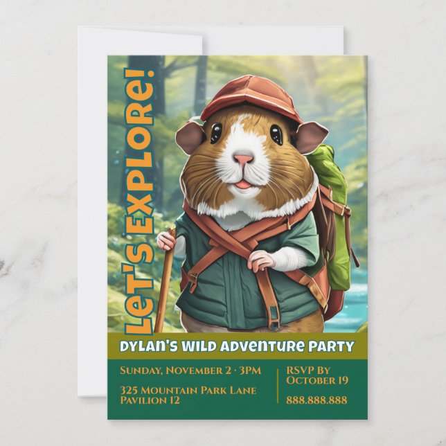 Let's Explore! Outdoor Guinea Pig Hiker Invitation (Front)