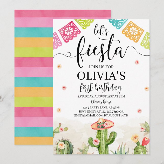 Let's Fiesta Birthday Invitation White (Front/Back)