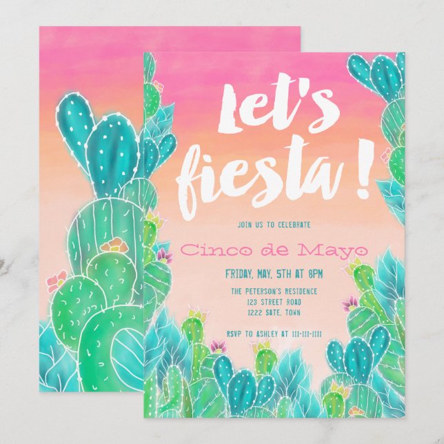 Lets fiesta Cacti pattern watercolor Cinco de mayo Invitation (Front/Back)