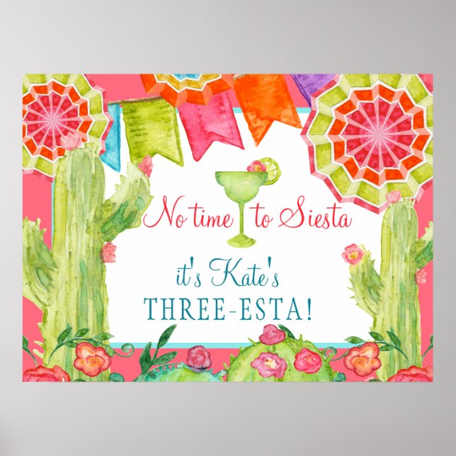Lets Fiesta  Cactus Flower 3rd Birthday Party Poster (Front)