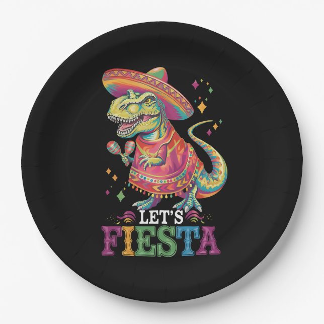 Let's Fiesta Cinco De Mayo T Rex Dinosaur Paper Plate (Front)