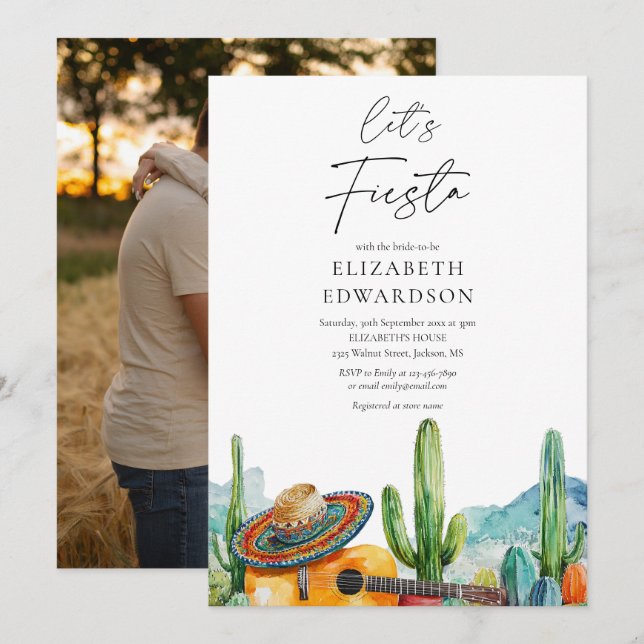 Let's Fiesta Watercolor Cactus Photo Bridal Shower Invitation (Front/Back)