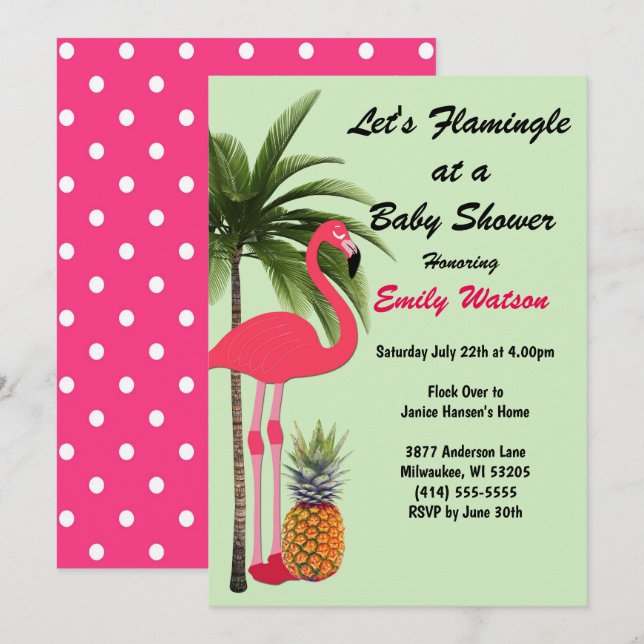 Let's Flamingle Baby Shower Pineapple, Dots Invite (Front/Back)