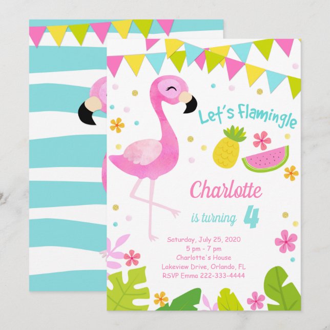 Let's Flamingle Flamingo Birthday Invitation (Front/Back)