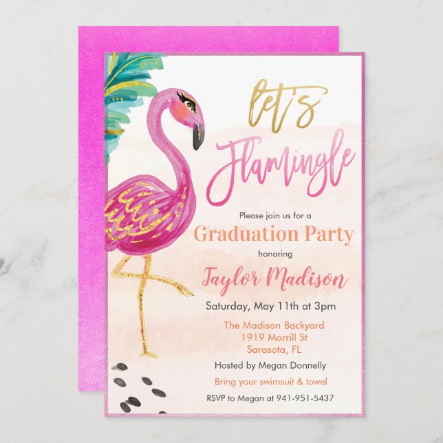 Let's Flamingle Flamingo Graduation Invitation (Front/Back)