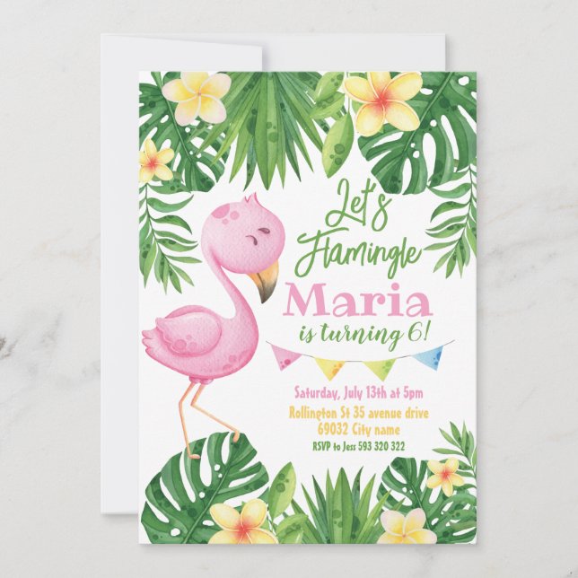 Let's Flamingle Flamingo Tropical Birthday  Invitation (Front)