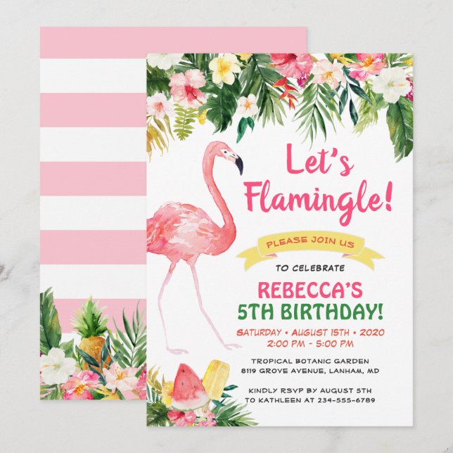 Let's Flamingle Floral Summer Kids Birthday Party Invitation (Front/Back)
