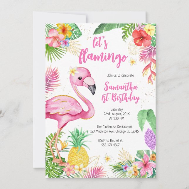 Let's Flamingle Pink Girl Tropical Birthday Invitation (Front)