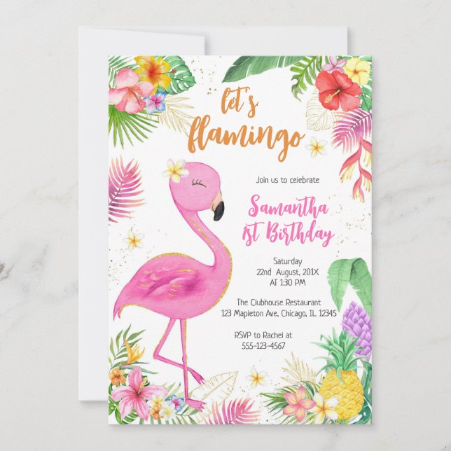 Let's Flamingle Pink Girl Tropical Birthday Invitation (Front)