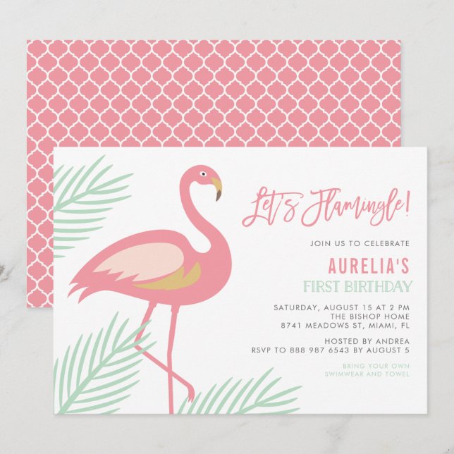 Let's Flamingle Tropical First Birthday Invitation (Front/Back)