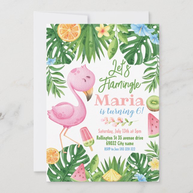 Let's Flamingle Tropical Fruit Flamingo Birthday  Invitation (Front)