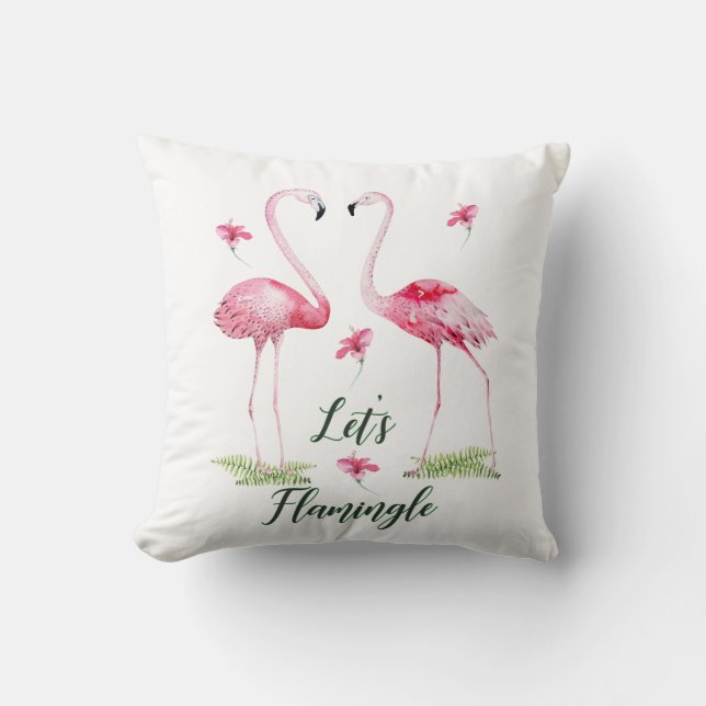 Let's Flamingle Typography Flamingos, Flowers Throw Pillow (Front)