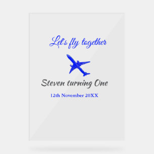 Let's fly together first birthday plane blue silve acrylic sign