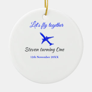 Let's fly together first birthday plane blue silve ceramic ornament