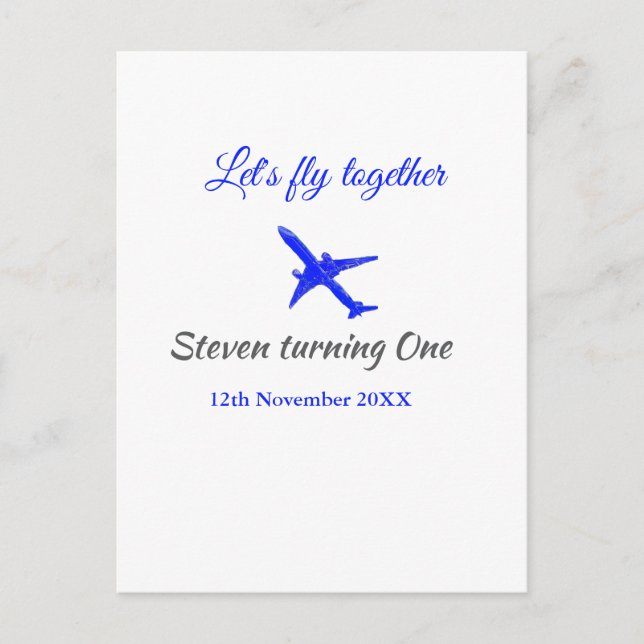 Let's fly together first birthday plane blue silve postcard (Front)