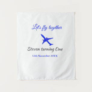 Let's fly together first birthday plane blue silve tapestry