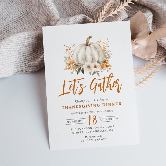 Let's gather, pumpkin floral Thanksgiving dinner Invitation (Creator Uploaded)