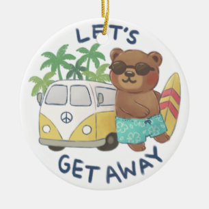 Let's Get Away: Teddy Bear & Vintage Van Drawing Ceramic Ornament