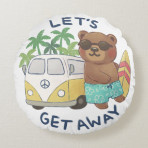 Let's Get Away: Teddy Bear & Vintage Van Drawing Round Pillow