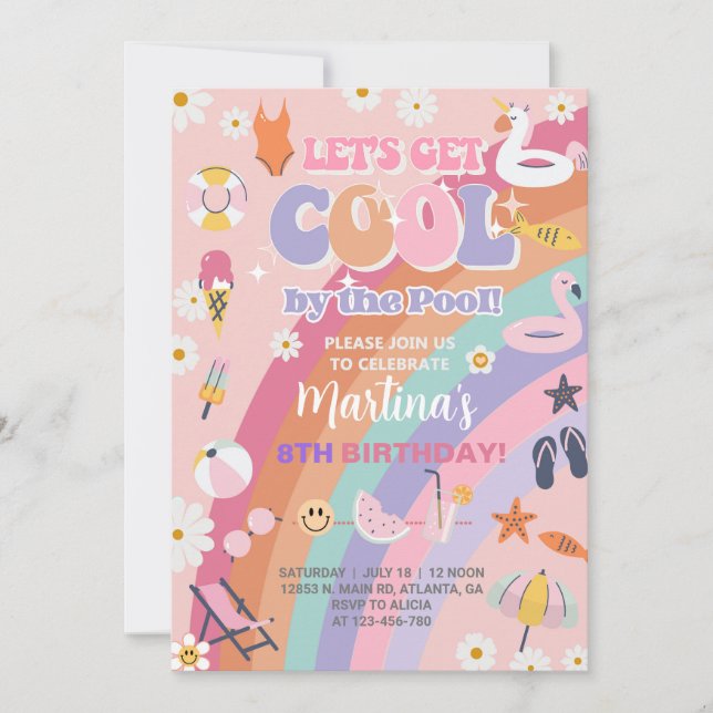 Let's get cool by the pool groovy birthday. invitation (Front)