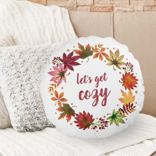 Let's Get Cozy Autumn Fall Leaves Harvest Wreath Round Pillow