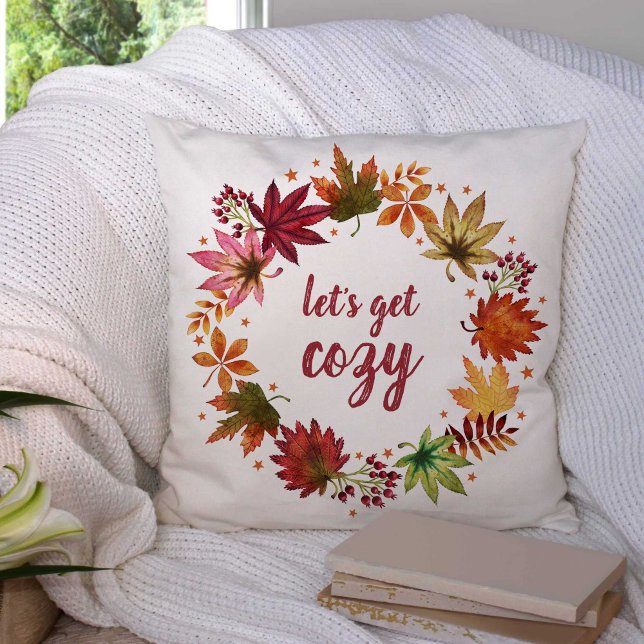 Let's Get Cozy Autumn Fallen Leaves Wreath Throw Pillow (Let's Get Cozy Autumn Harvest Fall Leaves Wreath Throw Pillow)