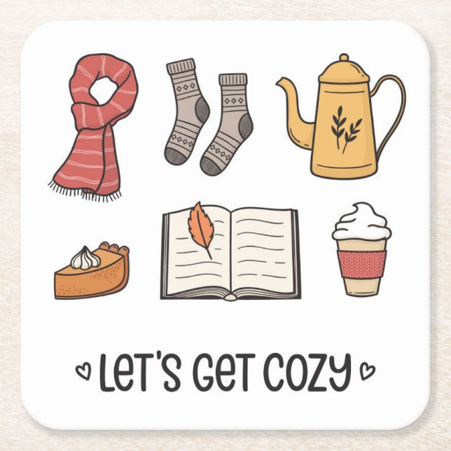 Let's Get Cozy Square Paper Coaster (Front)