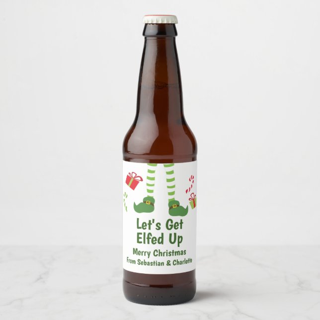 Lets Get Elfed Up Christmas Humour Personalized Beer Bottle Label (Front)