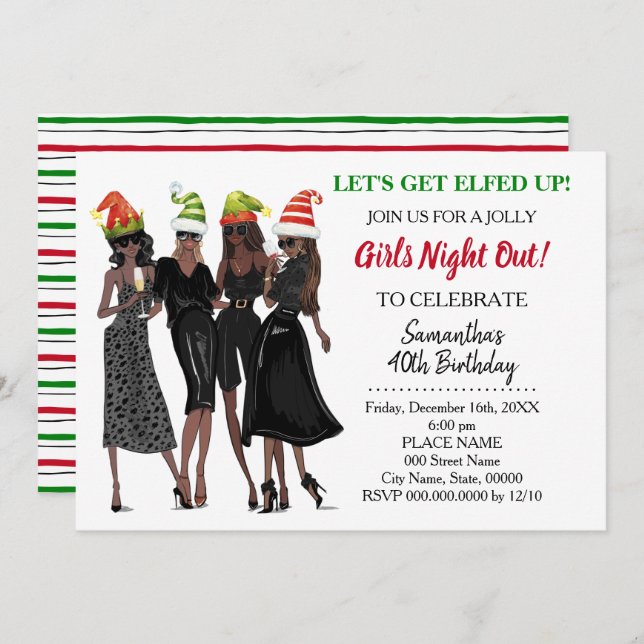 Let's Get Elfed Up Christmas night out Birthday Invitation (Front/Back)