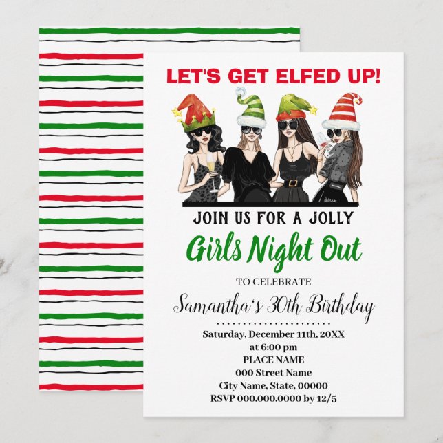 Lets Get Elfed Up Girls night out Birthday Xmas Invitation (Front/Back)