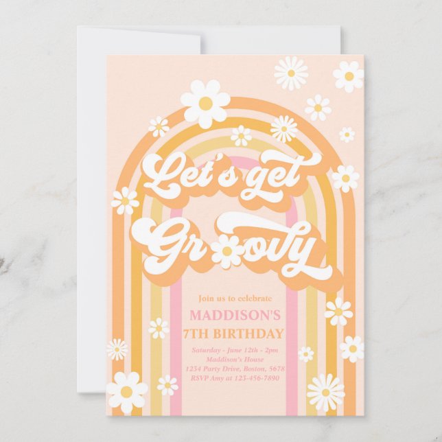  Let's Get Groovy Boho Daisy Rainbow Birthday Invitation (Front)