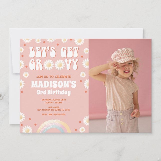 Let's Get Groovy Daisy Rainbow 70s Retro Birthday  Invitation (Front)